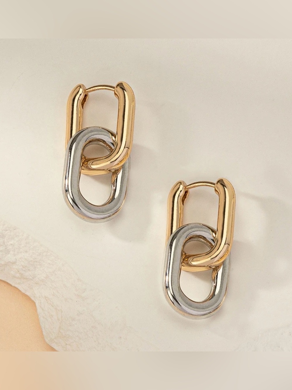 Two-Tone Gold & Silver U Link Minimalist Drop Earrings - Women's Jewelry